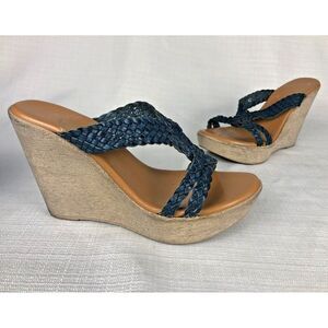 Callisto of California Size 10 M Wedges Sandals Brayden Blue Breaded Straps Open